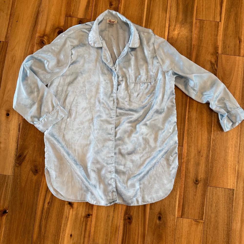 Vintage Light Blue Satin Button-Up night Shirt PJ’s size large‎ L Repose